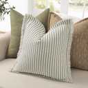 ZWJD Throw Pillow Covers 16x16 Set of 2 Striped Pillow Covers with Fringe Chic Cotton Decorative Pillows Square Cushion Covers for Sofa Couch Bed Living Room Farmhouse Decor, (Olive Green)