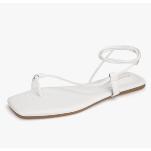 Women's Lace Up Sandals Strappy Flats Gladiator Wrap Flip Flop Tie Open Ring Toe Summer Shoes, White, Size 10