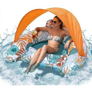IISVGE Inflatable Pool Float with Canopy for Adults, PVC Pool Lounge Chair with Sun Shade, Backrest, Armrests and Cup Holder, Portable Adult Pool Float for Swimming Pool, Lake, Beach, Summer Vacation