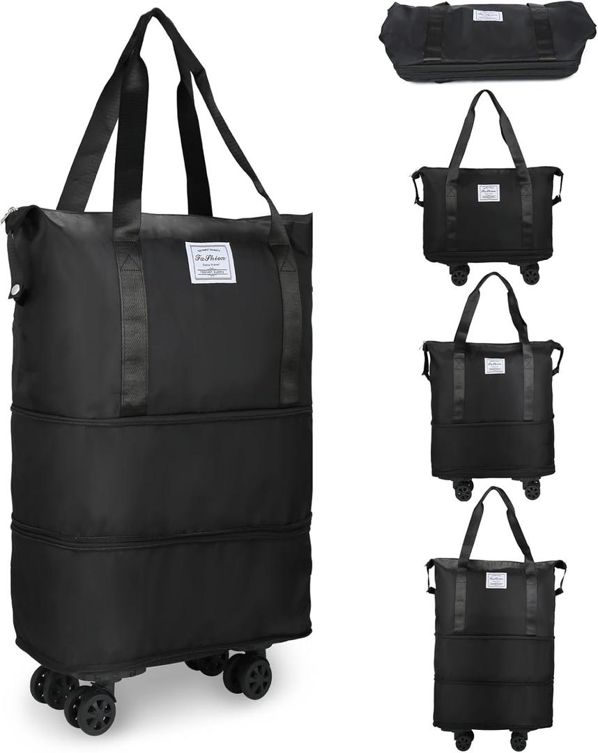 VOOWO Rolling Duffle Bag with Wheels, Expandable Foldable Duffle Bag for Travel, Rolling Under Seat Luggage Carry on Duffel Bags, Wheeled Travel Duffel Weekend Bags, Capacity 18L to 30L (Black)