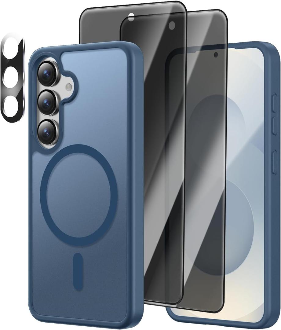 [4 in 1] Magnetic for Samsung Galaxy S25 Case, 2 Pics Privacy Screen Protectors and 1 Pic Camera Protector, Fit for MagSafe, Military Shockproof Translucent Matte Galaxy S25 Cover 6.2, Dark Blue