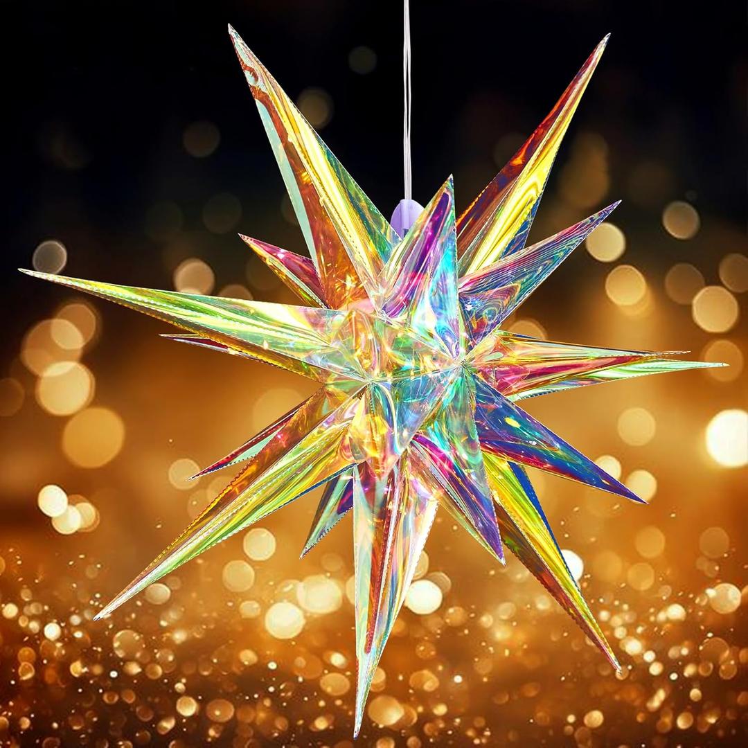 SUNBEAUTY 24 Inches Iridescent Christmas Lights Stars Lanterns Christmas Lanterns Hanging Moravian Star 3D for Wedding Birthday Christmas Home Party Decorations (Colorful Large Stars - 1)