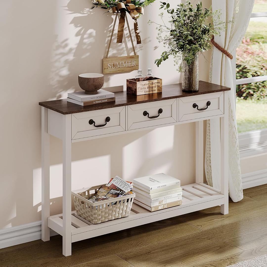 ChooChoo 47" Farmhouse Console Table with 3 Drawers, Rustic Entryway Table, Narrow Long Sofa Table for Living Room, Hallway, Behind Couch, Soft White and Brown, 11.81"D x 47.24"W x 31.3"H