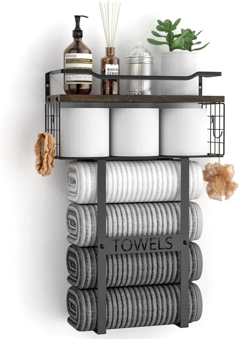 Rustic Brown Wood Vertical Towel Rack - Bath Wall Holder Set Above Toilet Storage, Rolled Towel Shelf Organizer for Small Bathrooms