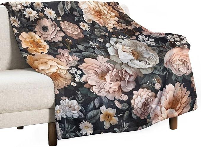 Throw Blankets Vintage Floral Roses, Peonies and Daisies Soft Cozy Microfiber Throw Blanket Vintage Style Black Background Blanket Set 4 Pcs (Queen,7)