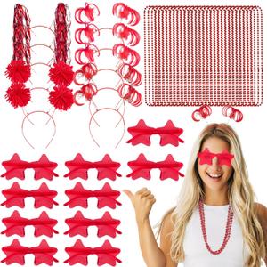 50 Pcs Red Holiday Team Spirit Party Accessories Pom Pom Party Headbands Star Shape Sunglasses Bead Necklaces Stuff Favors for Birthday Wedding Supplies(Classic)