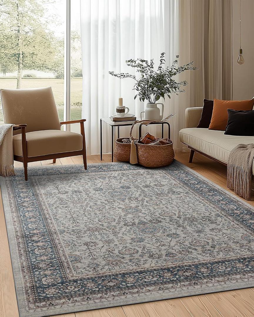 6x9 Washable Non-Slip Area Rug for Living Room, Dining Room, Bedroom Home Office-Vintage Farmhouse Soft Non-Shedding Distressed Low Pile Area Rug (Beige and Blue,6x9)