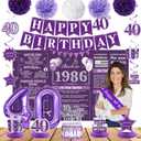 Crenics Purple 40th Birthday Decorations for Women - Back in 1986 Backdrop, Banner, Swirls, Centerpieces, Sash, Paper Pom Poms, Cake Topper and Balloons for 40 Birthday Party Supplies
