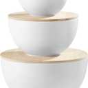 JOYMAY Salad Bowls, Mixing Bowl Salad Bowl Set, Natural Bamboo Fiber Serving Bowl Set of 3 with Bamboo Wood Lid, Nesting Bowls for Salads,Pastas(White,10",8",6")
