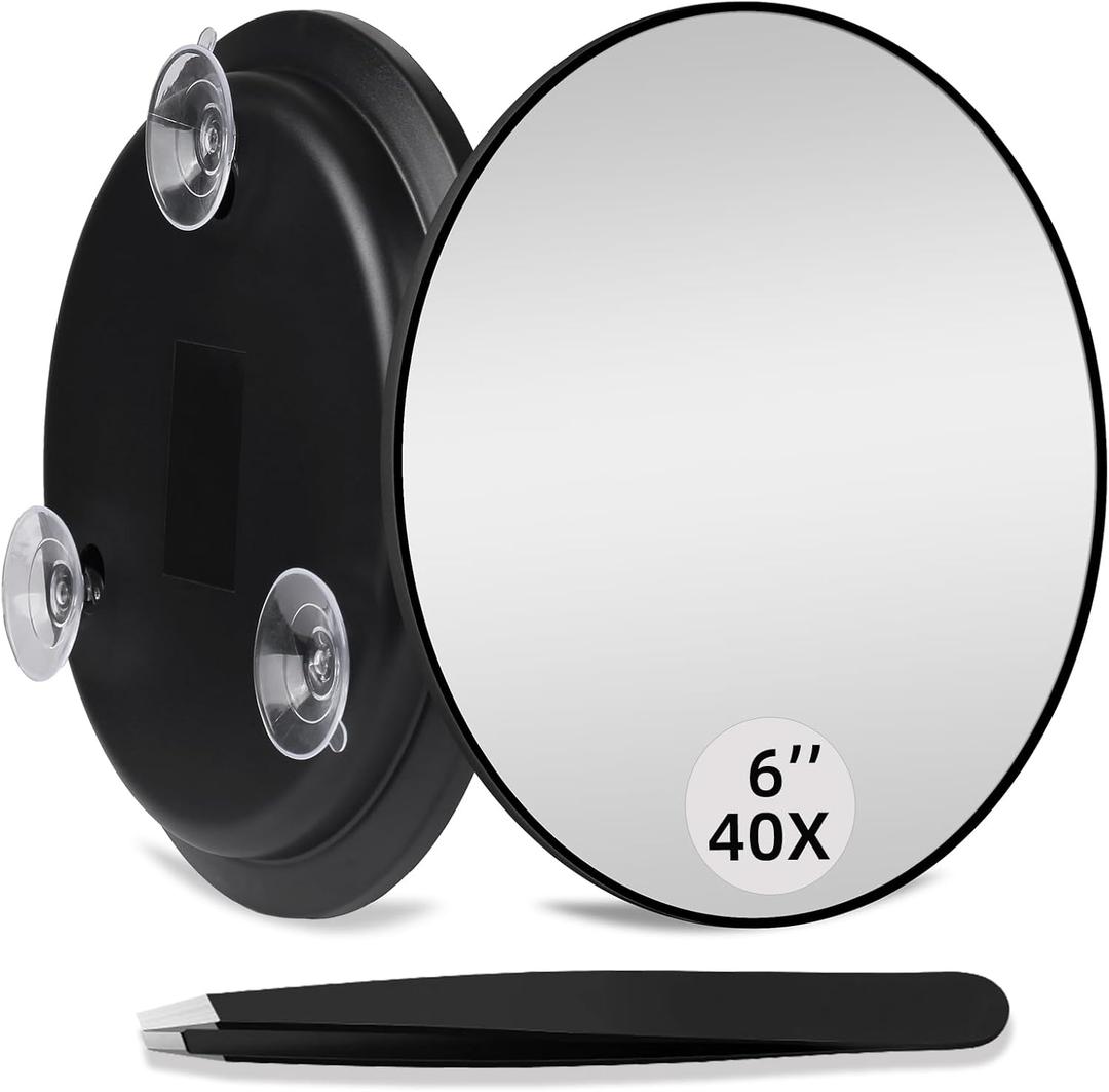 40X High Power Magnifying Mirror, 6inch Large Round Concave Travel Mirror with 3 Suction Cups Mounting, Powerful 40x Makeup Magnification with Tweezers Set