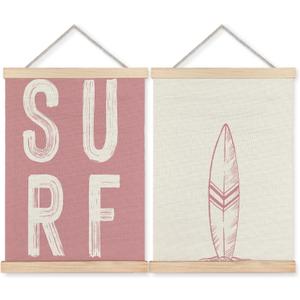 BearCake Surf Room Decor, Coastal Beach Surf Wall Art Poster Hanger Frame, Beach House Decor, Vintage Pink Surfboard Canvas Prints Framed Wall Decor for Home Bedroom Living Room, 12x16 Inch Set of 2
