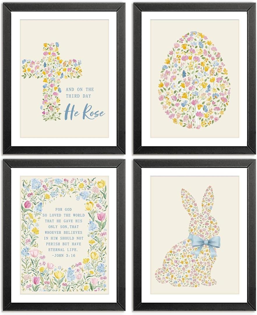 AEHIE Spring Floral Cross Easter Christian Wall Art Poster Prints for Home Living Room Bedroom Decor, He is Risen, Easter Egg Rabbit Bunny Floral Decorations Prints Wall Art Unframed 4pcs 8x10in, Spring Sale