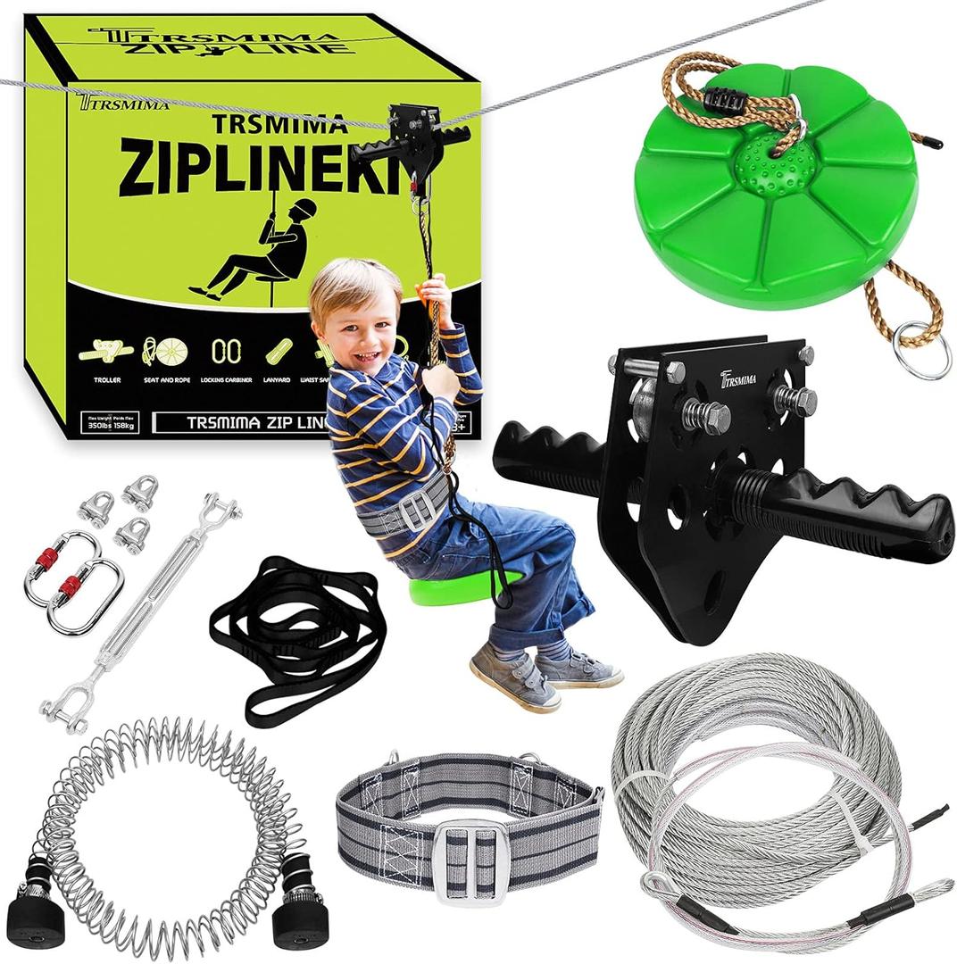 150/180/200 Feet Zip Line Kit for Kids and Adult Up to 330 lb with Zipline Spring Brake and Safety Harness, Zip line Trolley with Handle and Thickened Seat,for Backyard Playground Entertainment (Green)