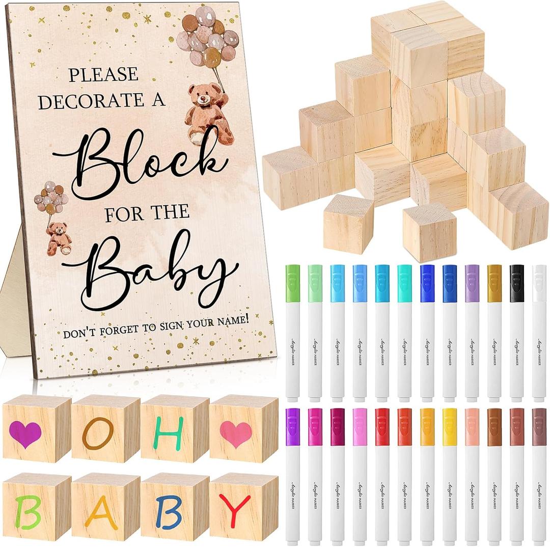 Qilery 75 Pcs Baby Shower Games Sign Kit Including Decorate a Block Game Sign 50 DIY Blank Wooden Block 24 Acrylic Paint Marker Baby Shower Prize for Winners Gender Reveal, Bear(Khaki)