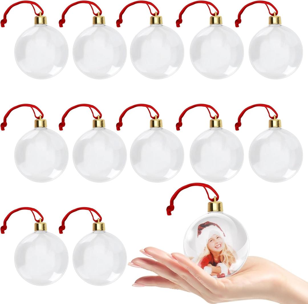 Clear Plastic Discs Ornaments 3 Inch Clear Christmas Ornaments Balls 12 Pack Plastic Christmas Ball Ornaments for DIY Crafts, Flat Fillable Hanging Photo Ornament Bauble Gift for Mom Dad Friends Kids