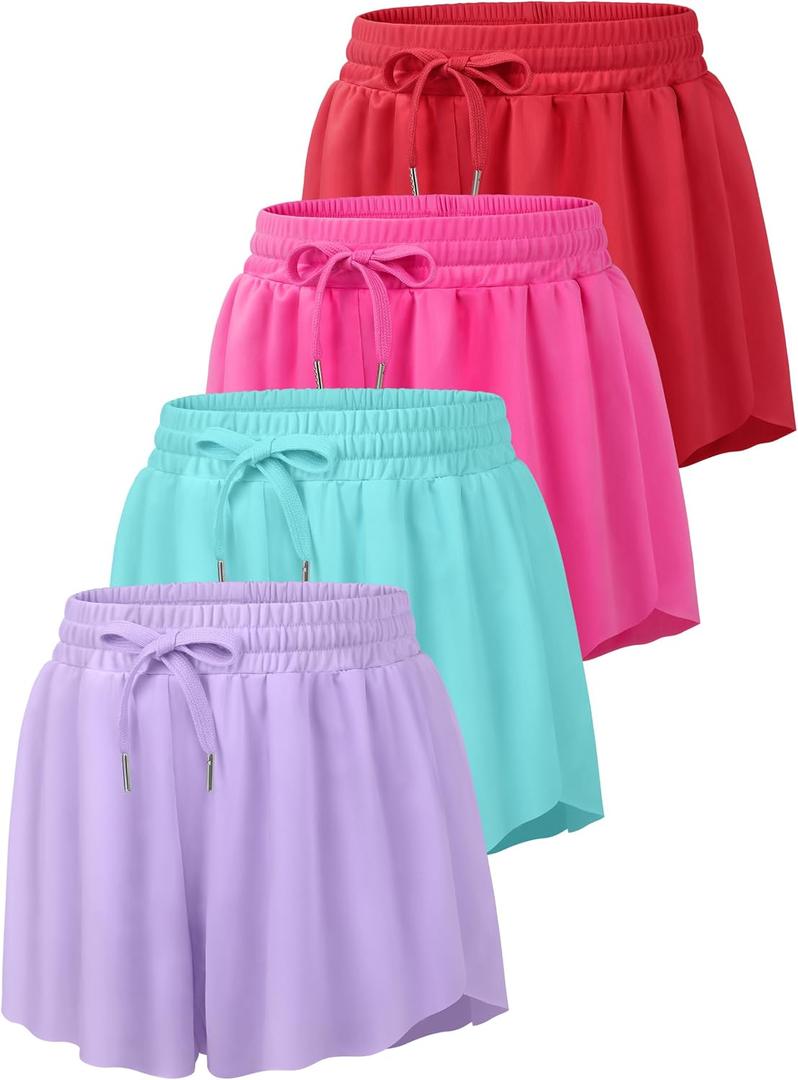 4 Pack Girls Butterfly Shorts for Teen Girl Skorts Flowy Athletic Dance Cheer Shorts 2-in-1 Kids Summer Clothes (L)