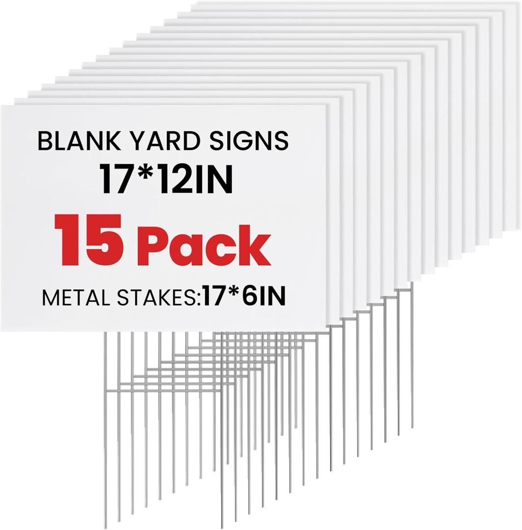 15 Pack Yard Signs with Metal Stakes, Custom Yard 17 x 12 Inches, Corrugated Plastic Board for Sale Sign Outdoor, Rent, Guidepost, Garage Sale Signs, Birthday Party