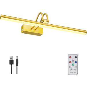 Picture Light, Cordless Picture Lights for Wall with Timer and Dimmable, 16 Inch Metal Battery Operated Wall Lights with 5000mAh Battery for Display Gallery Painting Art Frame Portrait - Gold