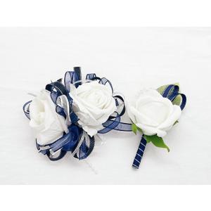 Dark Blue Rose Wrist Corsage Wristlet Band Bracelet and Men Boutonniere Set for White Wedding Flower Accessories Prom Suit Decorations