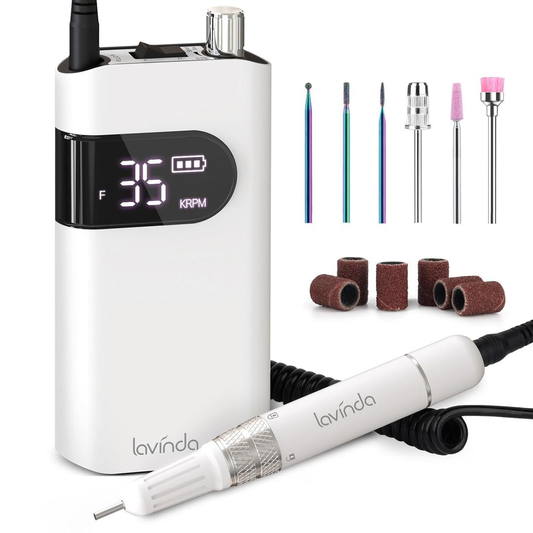 Lavinda Professional Nail Drill Machine, 35000RPM Electric Nail File Cordless Rechargeable Nail Efile for Acrylic Gel Nails, Manicure Pedicure Polishing Shape Tools for Salon Home Use-White