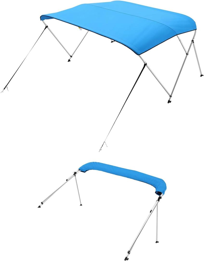 VEVOR 3 Bow Boat Bimini Tops, 600D Polyester Canopy with Aluminum Alloy Frame, Waterproof & Sun Shade Boat Awning Canopy with Storage Bag, 2 Support Poles, 4 Straps, 6'Lx(67"-72")Wx46"H, Pacific Blue