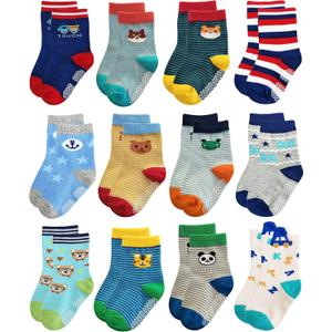 RATIVE Non Skid Anti Slip Crew Socks With Grips for Baby Infant Toddlers Kids Boys (3-5T, 12-pairs/Rb-71317)