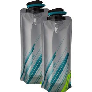 Vapur Collapsible Water Bottle With Carabiner, Compact Bottle Folds Flat For Hydration On The Go, Ideal for Traveling, Hiking or Camping, 34 Ounce, Grey & Teal, Pack of 2