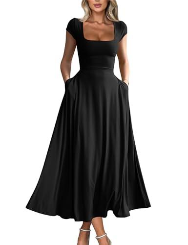 YMDUCH Women's Casual Short Sleeve Square Neck Solid Slim Flowy Maxi Dress with Pockets Black, Size M
