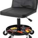 Rolling Shop Stool w/ 3" Locking Swivel Wheels, 300LB Capacity, 18"-22" Height Adjustable with Soft Cushion & Tool Tray, Telescoping Mechanic Seat for Garage, Auto Repair, Heavy-Duty, Black
