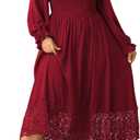 SHESTARR Women's Plus Size Maxi Dress Long Sleeve Square Neck Smocked Flowy A-Line Lace Trim Wedding Guest Dresses (Red) XL