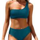 Tempt Me Women Two Piece Swimsuits Ribbed One Shoulder Bikini Sets Mid Waist Bathing Suit, Medium, Teal