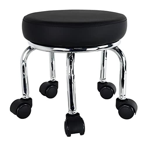 WKWKER Modern Roller Seat PU Leather Low Round Rolling Stool 360° Swivel Small Low Seat with Universal Caster Wheels Foot Stool for Home Office Garage Shop Fitness Sport H：12.4" （Black）