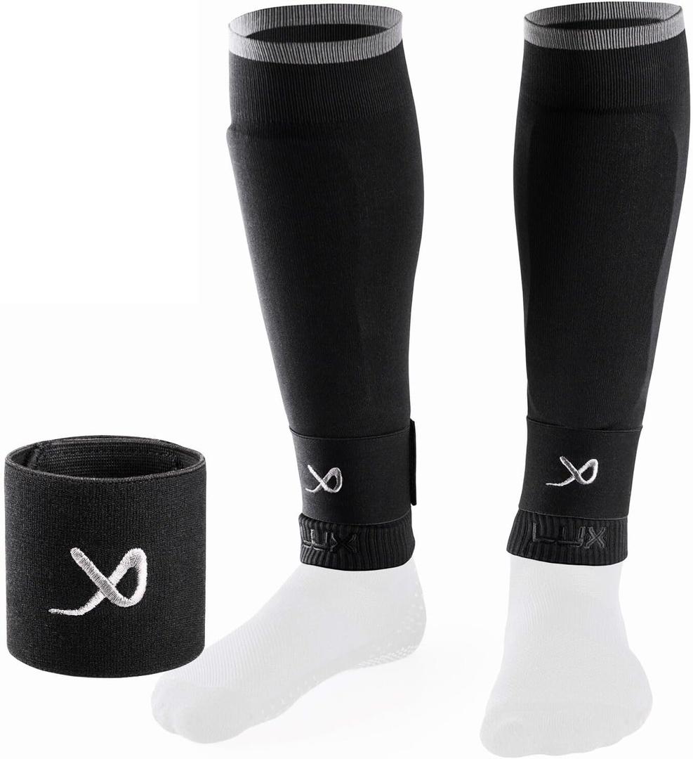 LUX Soccer Sleeves w/FREE Guard Stays for Men/Boys/Youth Compatible w/Soccer Grip Sock (Large, Black)