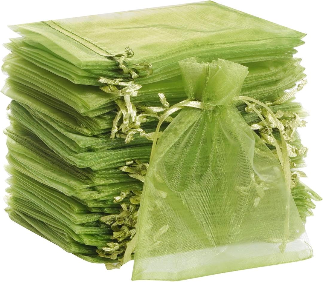 Bskifnn 100pcs Organza Bags Satin Drawstring Organza Pouch Mother's Day Valentine's Day Halloween Candy Bags Wedding Party Favor Gift Bag Jewelry Bags 3.54''x4.33''(Olive green)