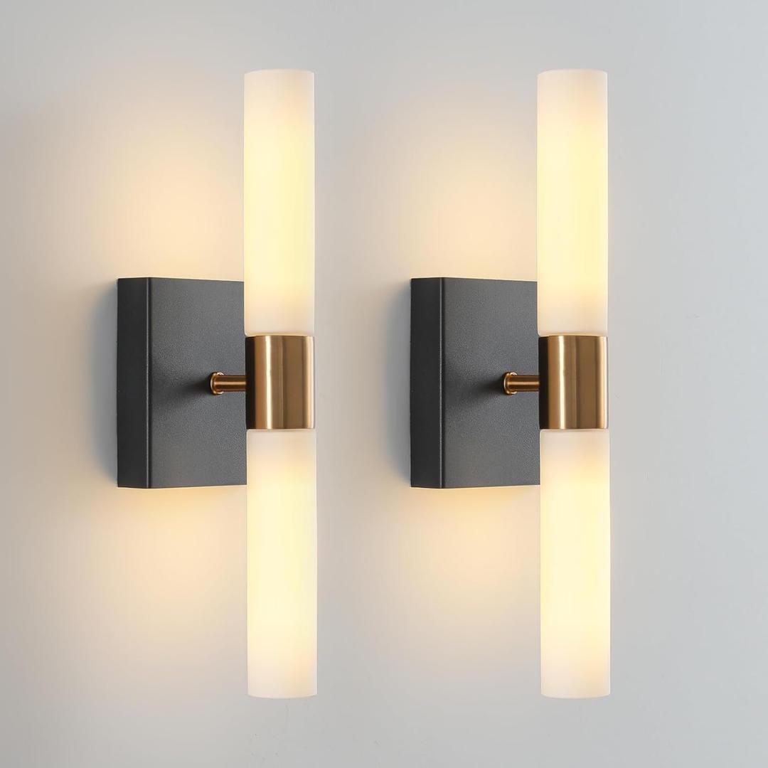 KUZZULL Wall Sconces Set of Two Black and Brass Wall Lights with White Frosted Glass Shade Modern Wall Lamp for Bathroom Living Room Indoor Vanity Up and Down Sconces Wall Lighting for Hallway