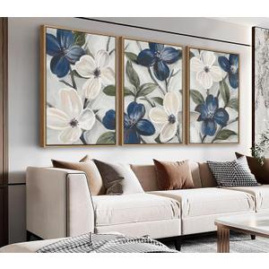 NINEASO Rustic Floral Framed Wall Art  Elegant Blue White Flowers Canvas Pictures Green Leaves Painting Artwork for Living Room, Office & Home Wall Decor 24 x 16in * 3, Natural Wood Frame