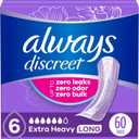 Always Discreet Adult Incontinence Pads for Women, Drier vs Poise, 6 Drop Long Length, Extra Heavy Absorbency, Pads for Bladder Control Management, Bladder Leaks, & Postpartum Pads, 60ct