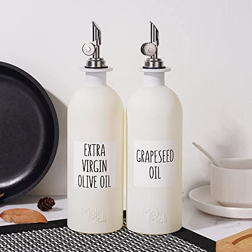 Molimoli Oil and Vinegar Dispenser with Metal Pour Spout, Weighted Pourer, Glass Bottle Dispenser for Kitchen, Olive Oil Cruet, Glass Olive Oil Bottle | 500ml, Set of 2 (Silver)