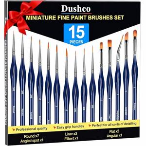 Dushco Detail Paint Brushes Set - 15pcs Miniature Paint Brushes, Art Painting for Acrylic Watercolor Gouache Oil & Face Painting, Models, Figurine and Paint by Number Kit for Adults