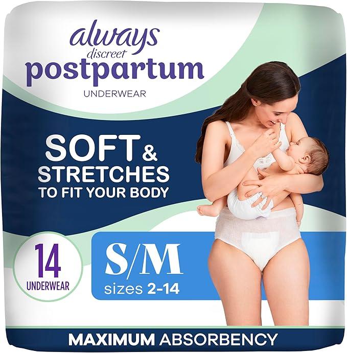 Always Discreet Postpartum and Adult Incontinence Underwear for Women, Small/Medium, Maximum Protection, 14 Count