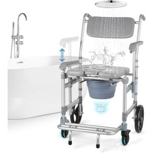 Bariatric Rolling Shower Chair: 4 in 1 Folding Bath Commode Chair for Handicap, Elderly & Injured, Adjustable Armrests for Easy Transfer | Waterproof & Soft | 360 Locking Wheels | 350lbs