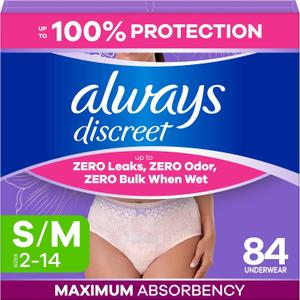 Always Discreet Adult Diapers for Women, Incontinence Underwear, Postpartum Essentials, Disposable Briefs, Max Absorbency, Bladder Leak Protection, Small/Medium, 84ct