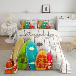 Colorful Surfing Comforter Set Queen Size for Kids Teens, Adults Home Room Decor, Hawaiian Ocean Style Bedding Set Rustic Farmhouse Barn Quilt Set, Flower Sun Surfboard Duvet Insert, 2 Pillowcases