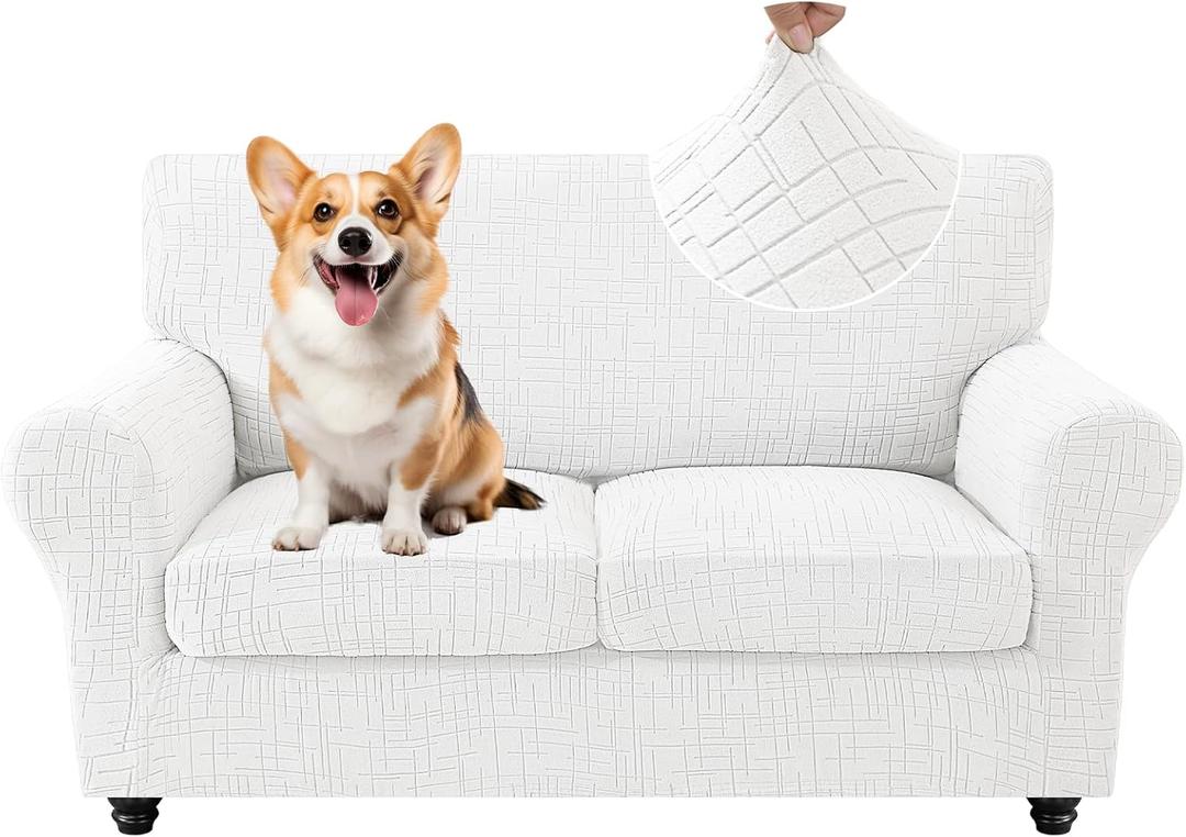 CYCMCAO 3 Piece Stretch Sofa Cover Couch Covers for 2 Cushion Couch, Loveseat Covers Stay in Place, Sofa Covers Washable with Elastic Bottom for Dogs (Off-White), 71"-91" (2 Cushion Sofa)