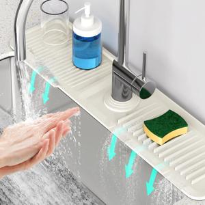 24'' Faucet Mat for Kitchen Sink [5Slope Fast Self-draining] Faucet Mat Kitchen Sink Splash Guard Silicone Sink Faucet Mat Splash Guard Kitchen Sink Area Tidy Splash Faucet Guard Draining Mat-Beige