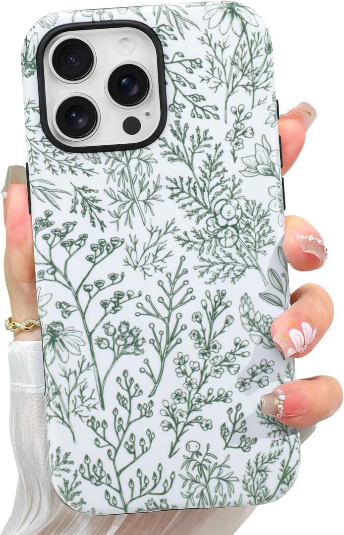 pmxlfo Flower Branch Case Designed for iPhone 16 Pro Max, Green Sage Floral Branch Pattern 2 in 1 Phone case [Compatible with MagSafe] Heavy Duty Shockproof Drop Protective for Girls Women