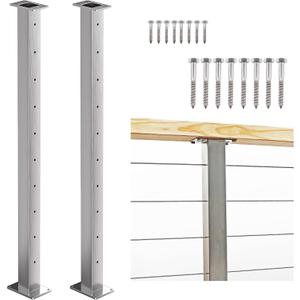 2 Pack Stainless Steel Cable Railing Level Line Intermediate Post 42"(Actually Post 40.5"x2"2"), Level Drilled for 1/8" Cable