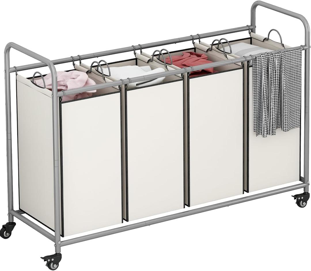 Laundry Sorter 4 Section Hamper Sorter with Heavy Duty Lockable Rolling Wheels Removable Bags Basket Separator for Dirty Clothes Storage, Beige (4 Bags Beige)