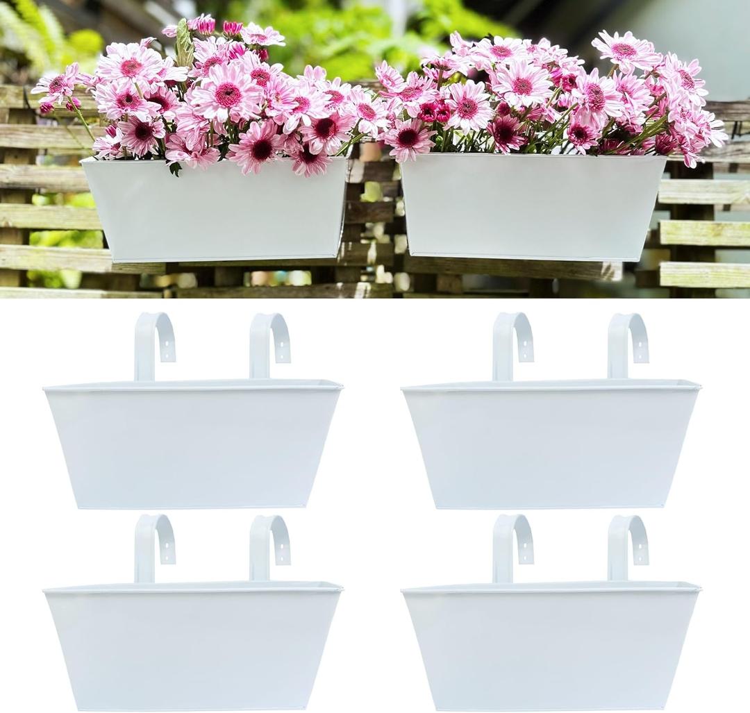 LaLaGreen Rail Planter Box (4 Pack, 16 Inch) Large White Metal Hanging Flower Pots, Rectangle Outdoor Strawberry Plant Holder Window Balcony Deck Railing Fence Minimalist Farmhouse Countryside Style
