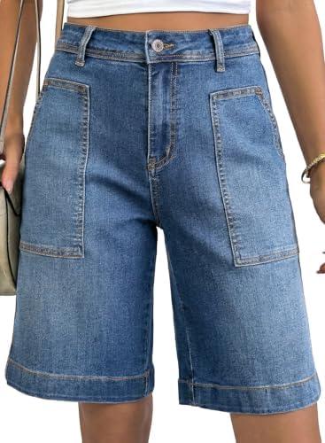 Astylish Women's High Waisted Wide Leg Denim Shorts Stretchy Trendy Utility Jorts Oversized Patch Pockets Bermuda Jean Short, Size 12